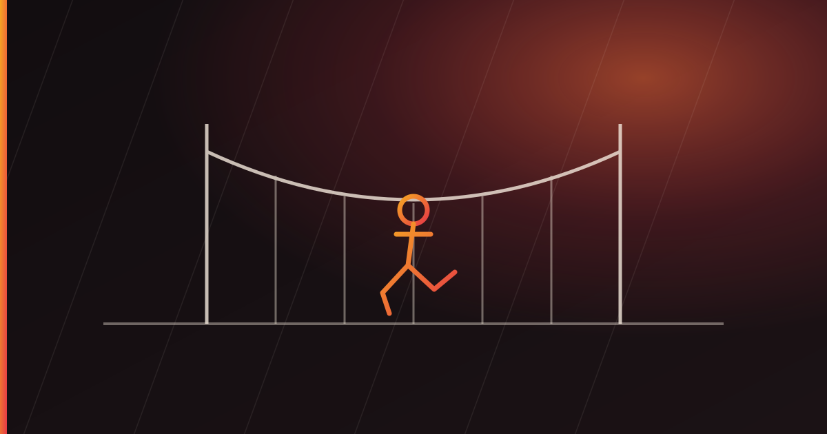 Line drawing of a runner in front of a suspension bridge, representing Nike's first Just Do It ad